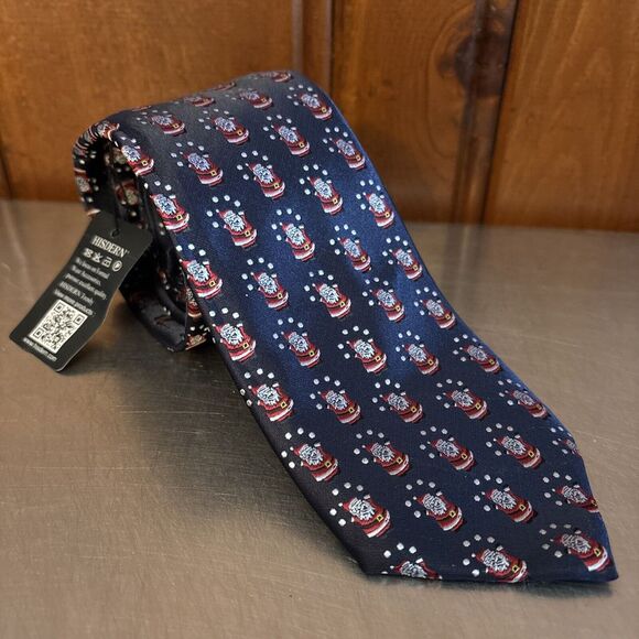 NWT Christmas Santa Juggling Snowballs Hisdern Mens Neck Tie‎ Navy AOP Handmade - Picture 1 of 4